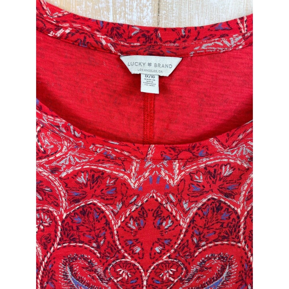 Lucky Brand Top Women's Size 1x Red Tunic Paisley Short Sleeve Boho Basic Soft - Picture 3 of 10